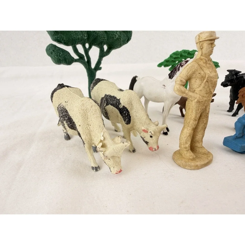 Vintage Plastic Farm Animals Figures Lot Marx MPC Trees Farmer Pigs Cow Horse